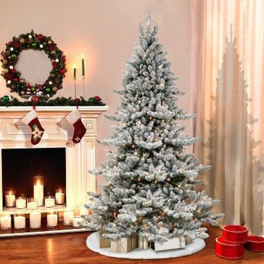 Alberta Spruce * | 7.5Ft Puleo Pre-Lit Flocked Full Royal Majestic Spruce Artificial Christmas Tree With Silver Crown Treetop Clear Lights