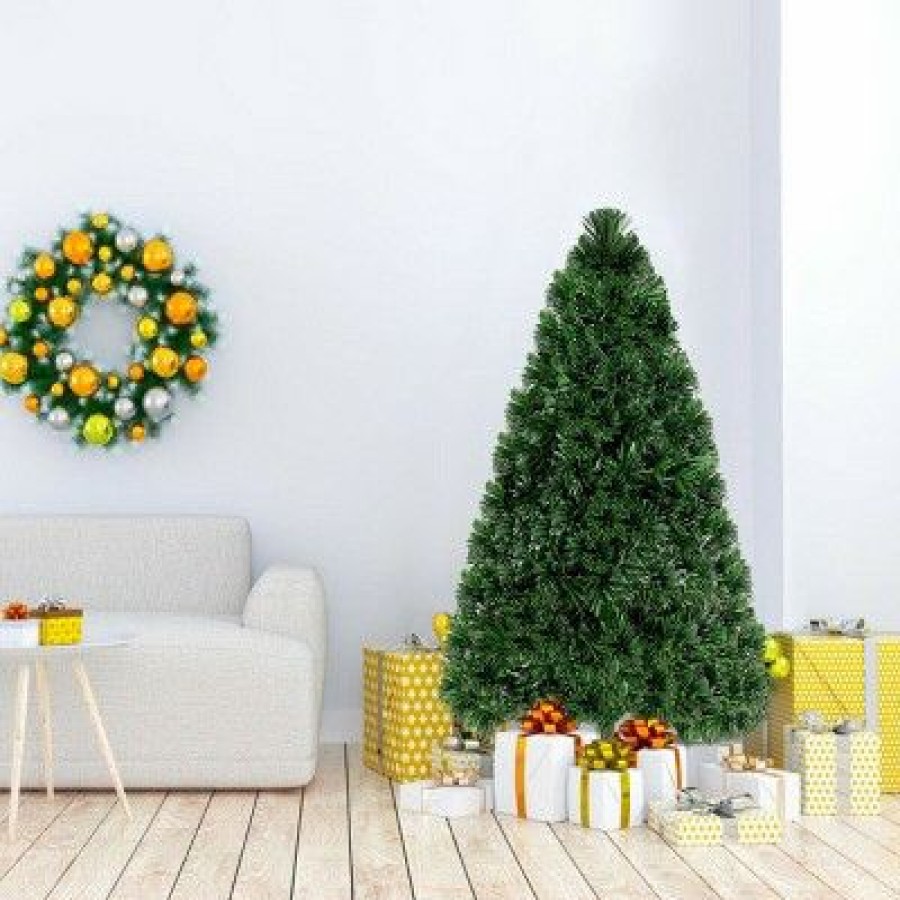 Pine * | Costway 4Ft Pre-Lit Fiber Optic Pvc Christmas Tree Metal Holiday