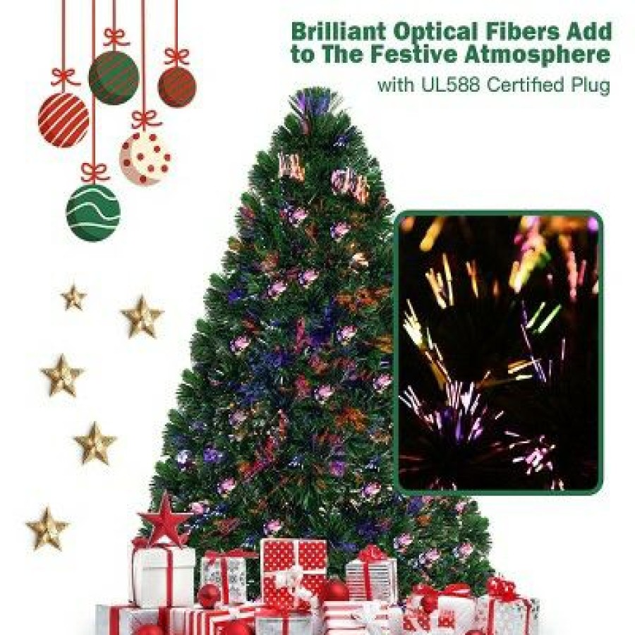 Pine * | Costway 4Ft Pre-Lit Fiber Optic Pvc Christmas Tree Metal Holiday