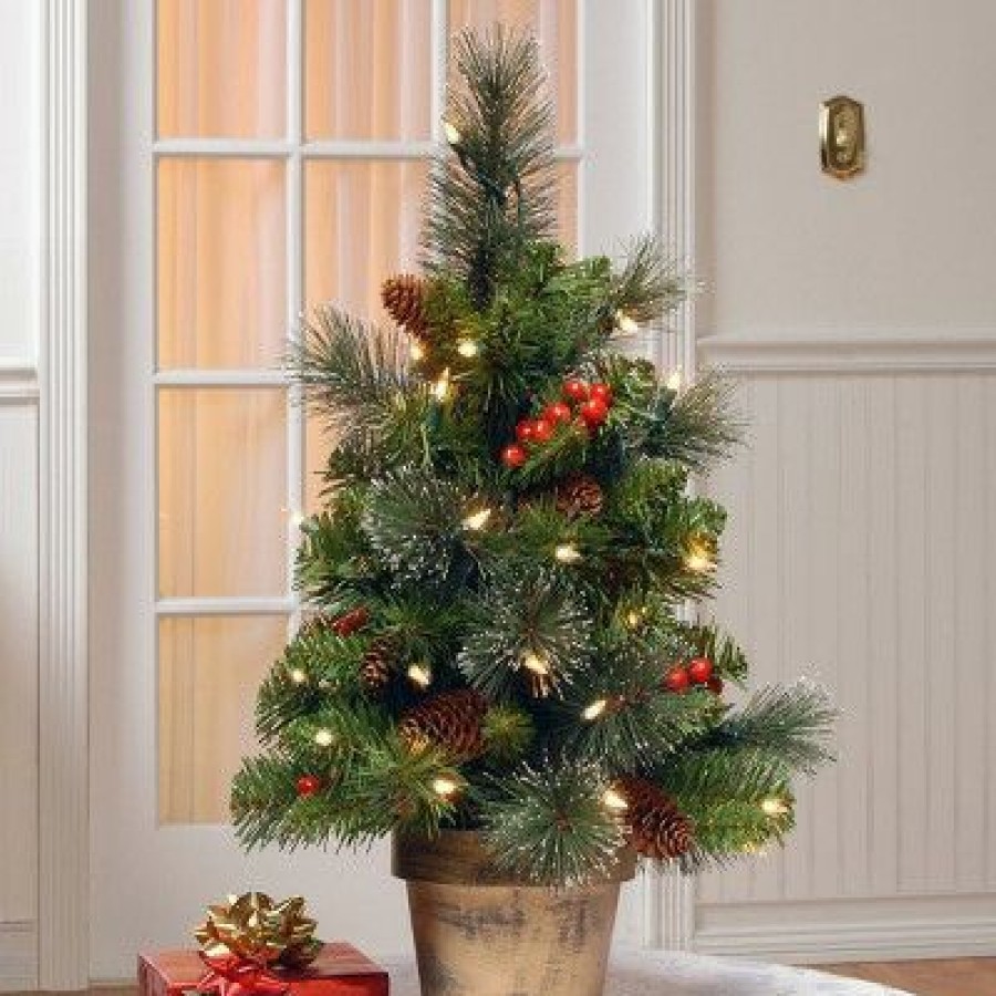 Spruce * | National Tree Company Pre-Lit Artificial Mini Christmas Tree, Green, Crestwood Spruce, White Lights, Pine Cones, Frosted Branches, Pot Base, 2 Feet