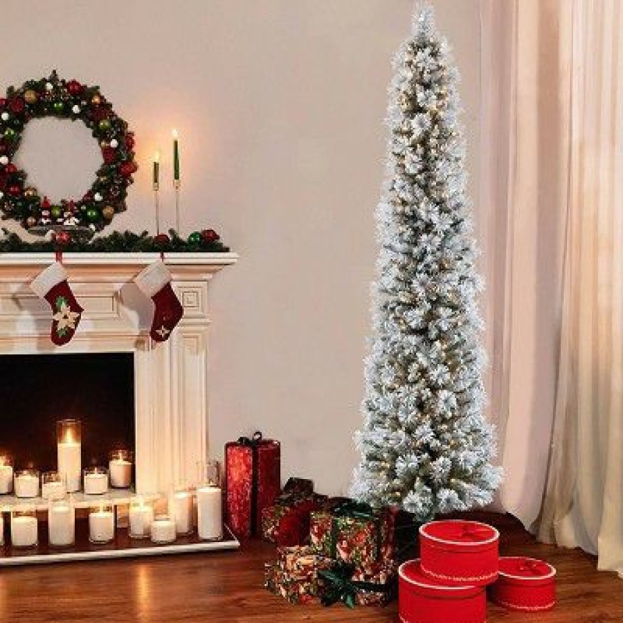 Pine * | Puleo 7.5Ft Pre-Lit Slim Pencil Christmas Tree Flocked Portland Pine