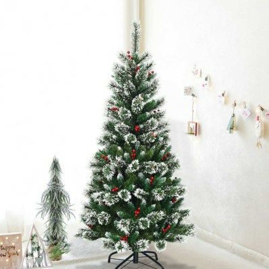 Pine * | Costway 5 Ft Snow Flocked Artificial Christmas Hinged Tree W/ Pine Needles & Red Berries