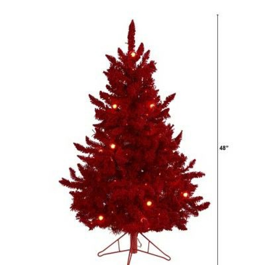 Fir Wood * | 4Ft Nearly Natural Pre-Lit Red Flocked Fraser Fir Artificial Christmas Tree Red Lights