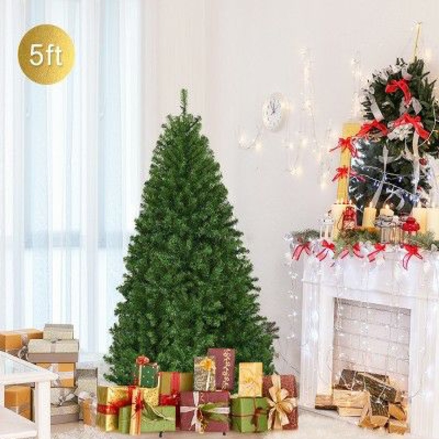 Pine * | Costway 5Ft Pre-Lit Artificial Christmas Tree Hinged 150 Led Lights