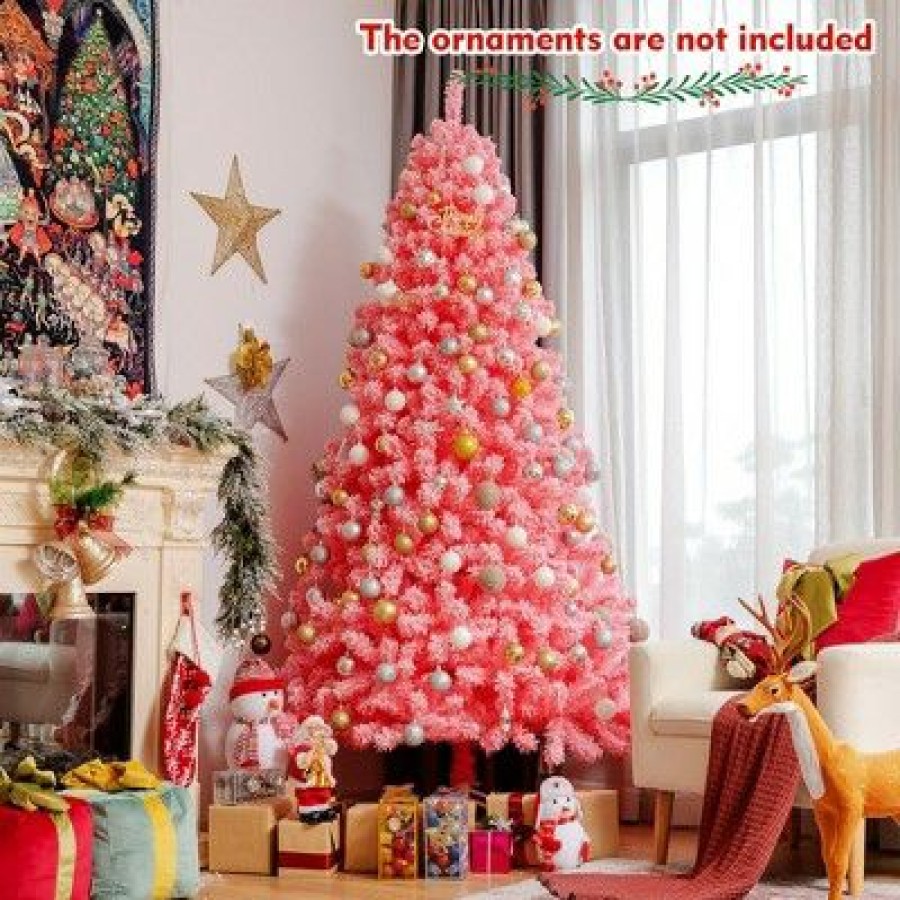 Pine * | Costway 7.5Ft Snow Flocked Hinged Artificial Christmas Tree W/ Metal Stand Pink