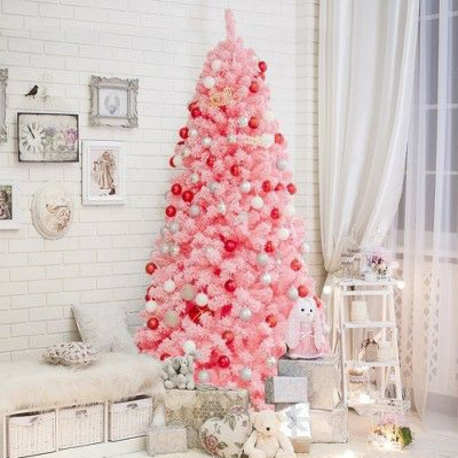 Pine * | Costway 7.5Ft Snow Flocked Hinged Artificial Christmas Tree W/ Metal Stand Pink