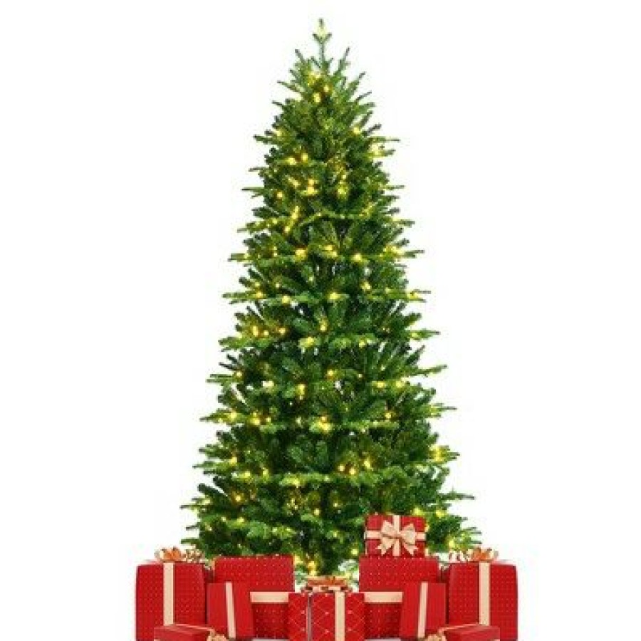 Pine * | Costway 6Ft Pre-Lit Hinged Christmas Tree 1664 Pe & Pvc Tips W/ 310 Lights & Foot Switch