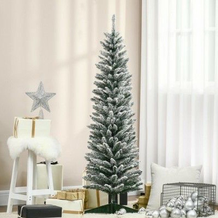 Unidentified Plant Variety * | Homcom 59 Snow Flocked Artificial Pencil Christmas Tree, Slim Xmas Tree With Realistic Branches And Steel Stand For Indoor Decoration, Green