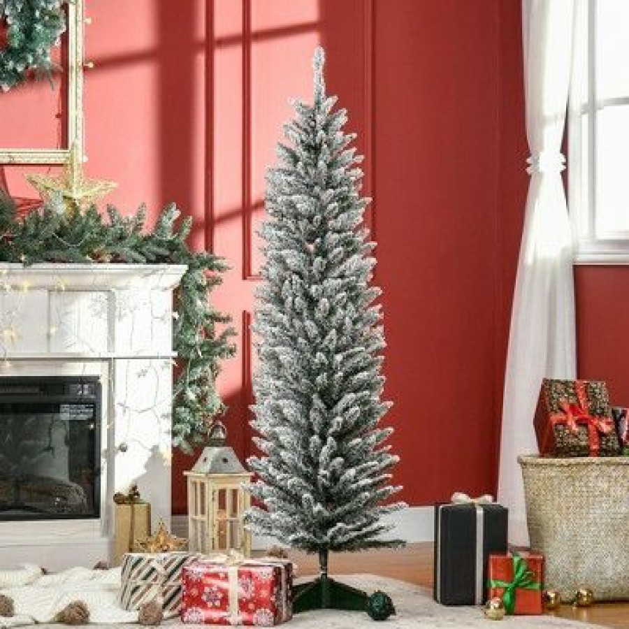 Unidentified Plant Variety * | Homcom 59 Snow Flocked Artificial Pencil Christmas Tree, Slim Xmas Tree With Realistic Branches And Steel Stand For Indoor Decoration, Green