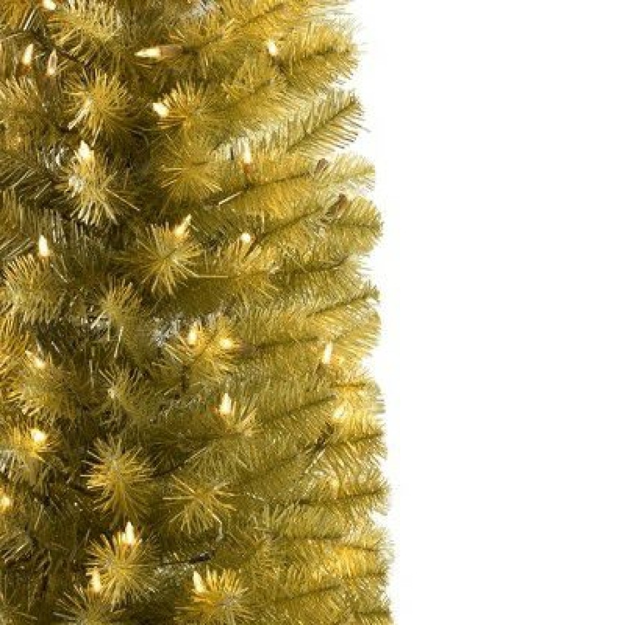 Unidentified Plant Variety * | Treetopia Struck Gold 6 Foot Artificial Hinged Pencil Thin Prelit Tinsel Christmas Tree With Clear Led Lights, Stand, And On/Off Foot Pedal