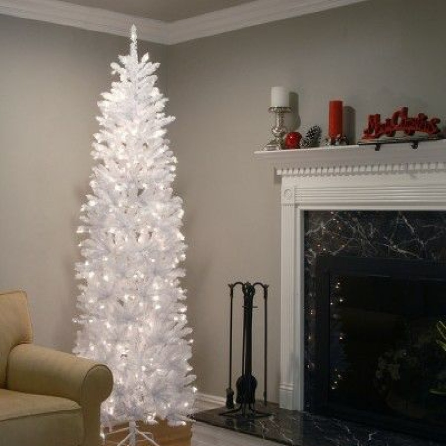 Fir Wood * | National Tree Company Artificial Pre-Lit Slim Christmas Tree, White, Kingswood Fir, White Lights, Includes Stand, 7 Feet