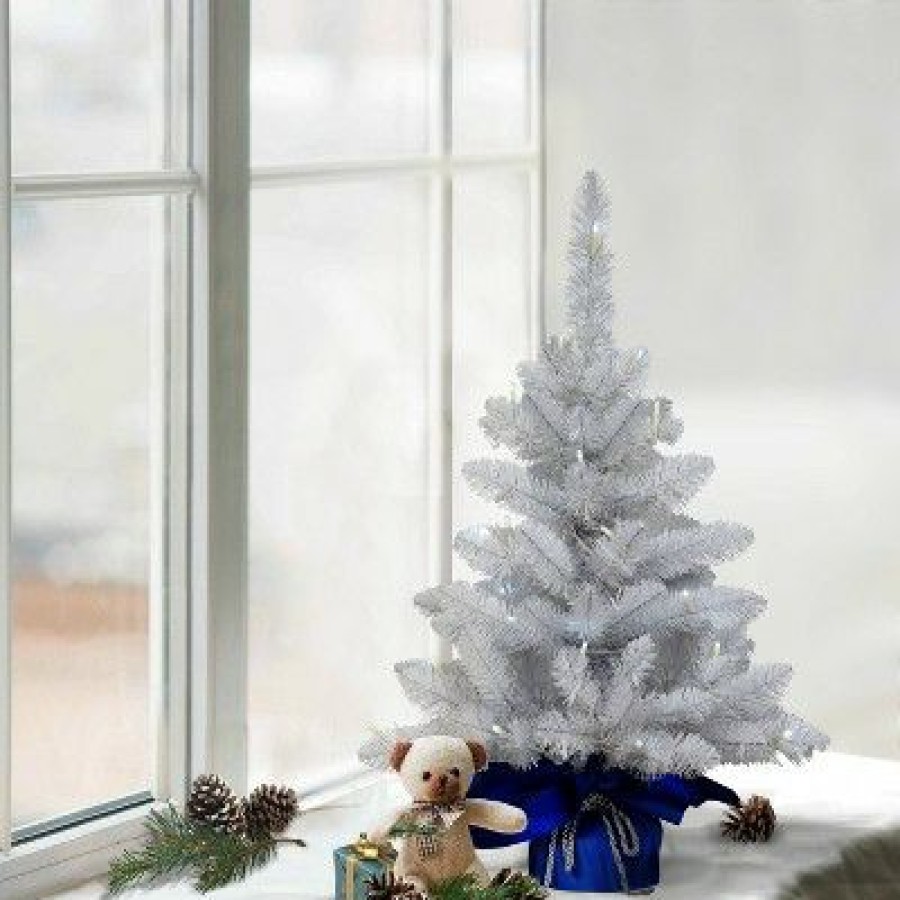 Pine * | 2Ft Puleo Pre-Lit White Tabletop Artificial Christmas Tree Blue Fabric Base Clear Lights