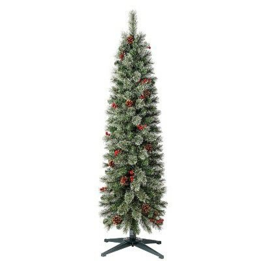 Pine * | Home Heritage 5 Foot Prelit Easy Assembly Stanley Cashmere Pencil Pine Artificial Christmas Holiday Tree With Clear Lights, Pinecone, And Red Berry