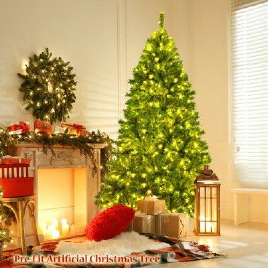 Pine * | Costway 4.5Ft/6.5Ft/7.5Ft Pre-Lit Hinged Christmas Tree Green Flocked With 392/924/1404 Tips & 150/370/530 Led Lights