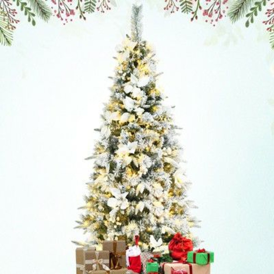 Pine * | Tangkula Pre-Lit Lifelike Xmas Tree 5Ft Snow-Flocked Slim Christmas Tree W/ 339 Branches Tips