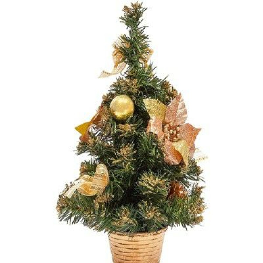 Pine * | Okuna Outpost Mini Christmas Tree Pine Tree With Gold Ball Ornaments, Bows, And Poinsettias (16 In)