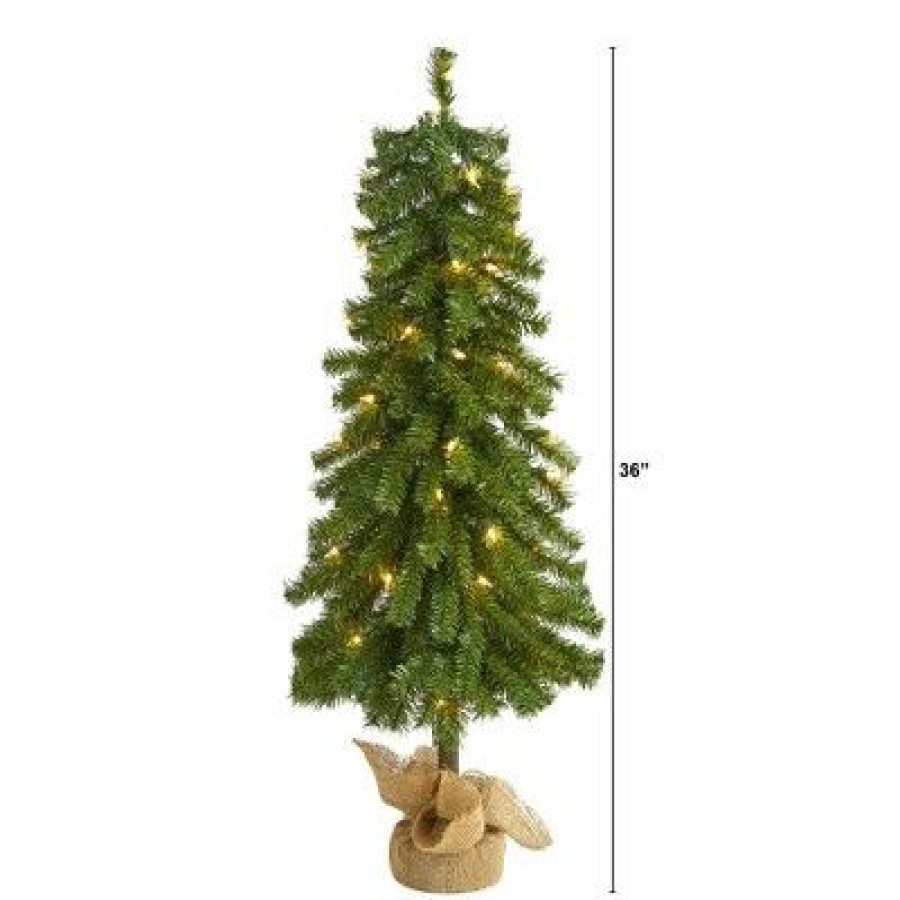 Pine * | 3Ft Nearly Natural Pre-Lit Alpine Artificial Christmas Tree Clear Lights In Burlap Planter