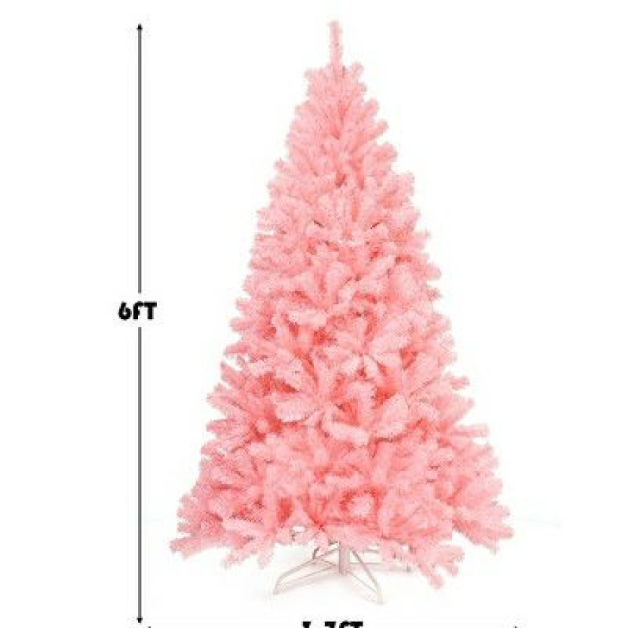 Pine * | Costway 6Ft Hinged Artificial Christmas Tree Full Fir Tree New Pvc W/ Metal Stand Pink