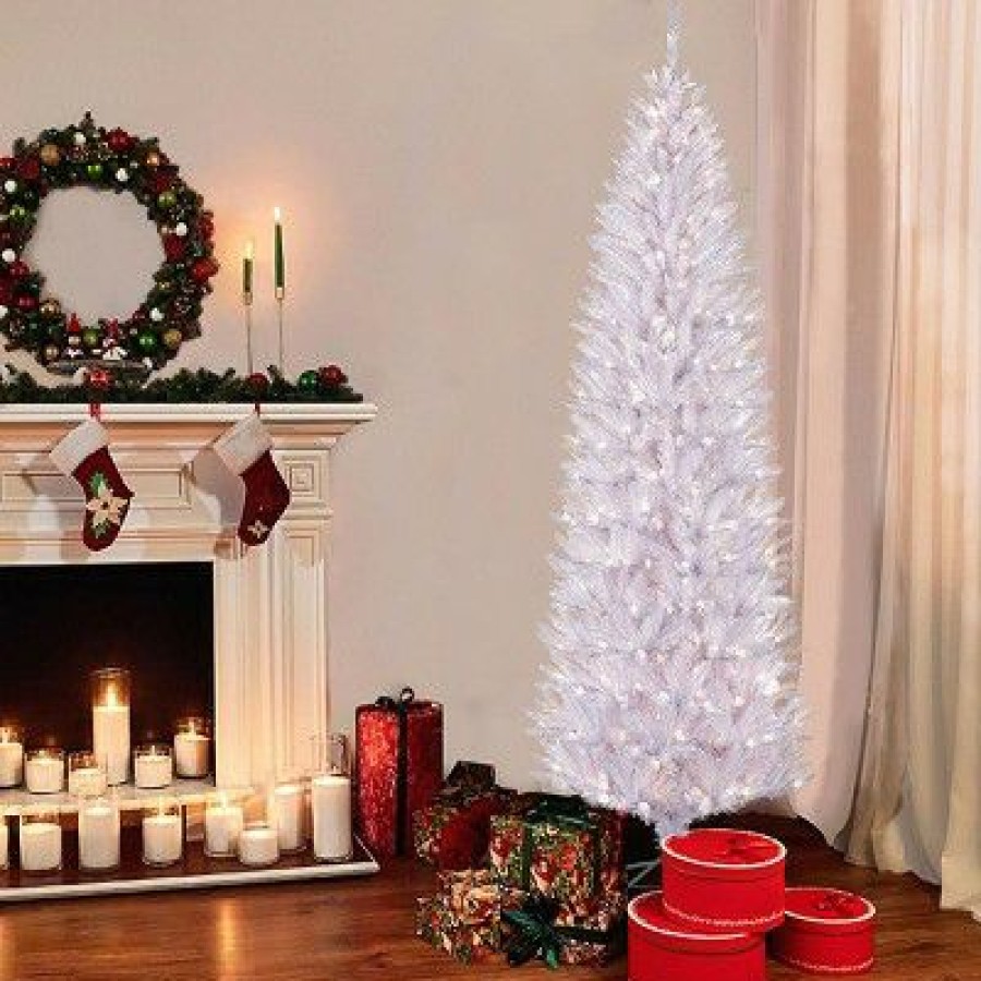 Fir Wood * | 4.5Ft Pre-Lit Pencil Artificial Christmas Tree White Forest Fir Puleo