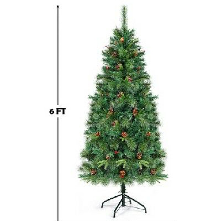 Pine * | Costway 6Ft Pre-Lit Hinged Pe Artificial Christmas Tree W/ 250 Led Lights & Pine Cones