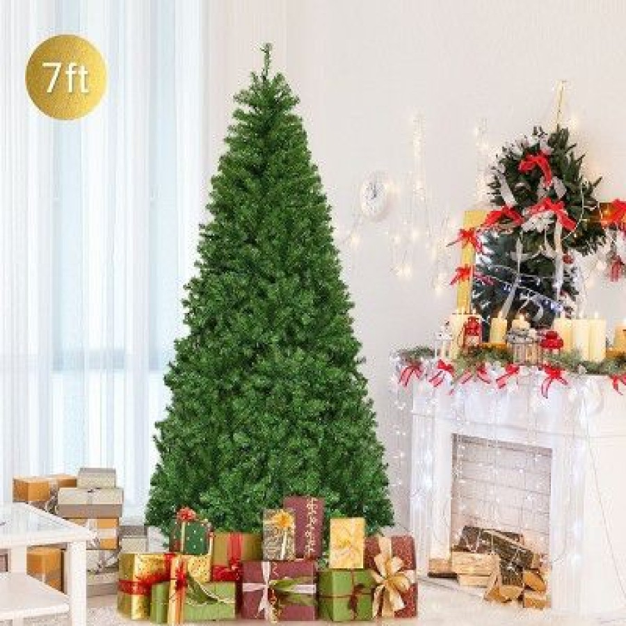 Pine * | Costway 7Ft Pre-Lit Artificial Christmas Tree Hinged 500 Led Lights