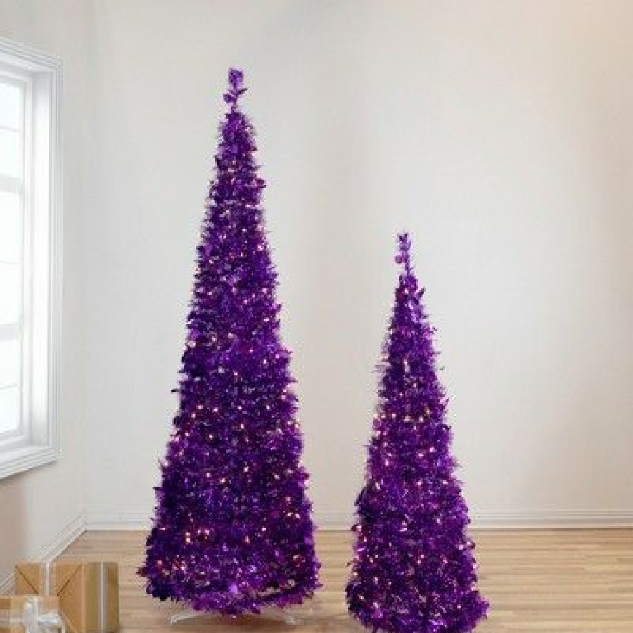 Pine * | Northlight 6 Pre-Lit Purple Tinsel Pop-Up Artificial Christmas Tree, Clear Lights