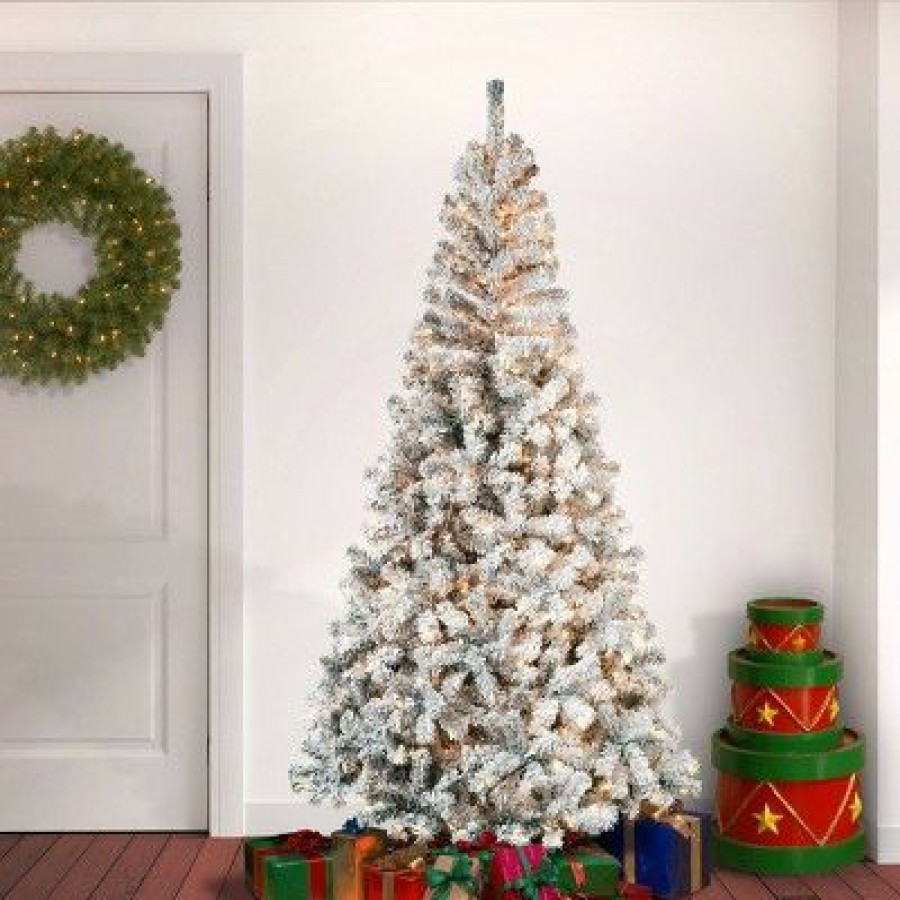 Pine * | National Tree Company 7.5' Pre-Lit Flocked Full Acacia Hinged Artificial Christmas Tree Clear Lights