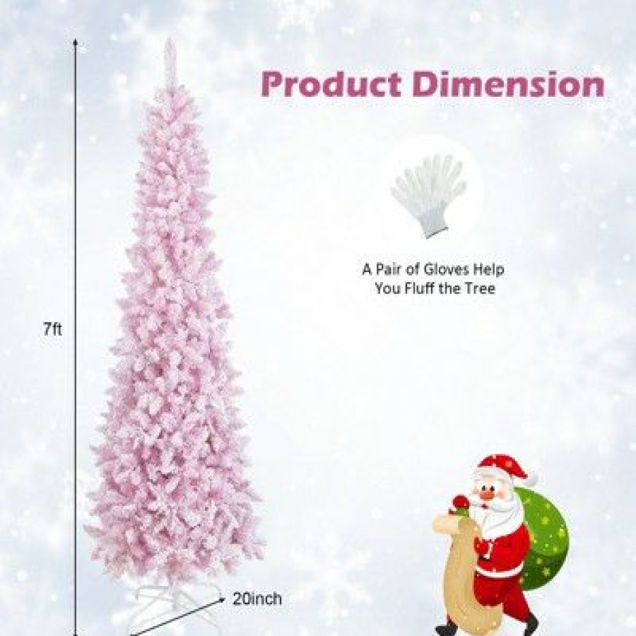 Pine * | Tangkula 7Ft Snow Flocked Christmas Tree, Pink Pencil Christmas Tree W/300 Led Lights & 8 Lighting Modes For Festival & Party Decoration