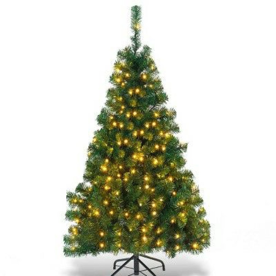 Pine * | Costway 4.5Ft Pvc Pre-Lit Christmas Tree Hinged 200 Led Light Metal