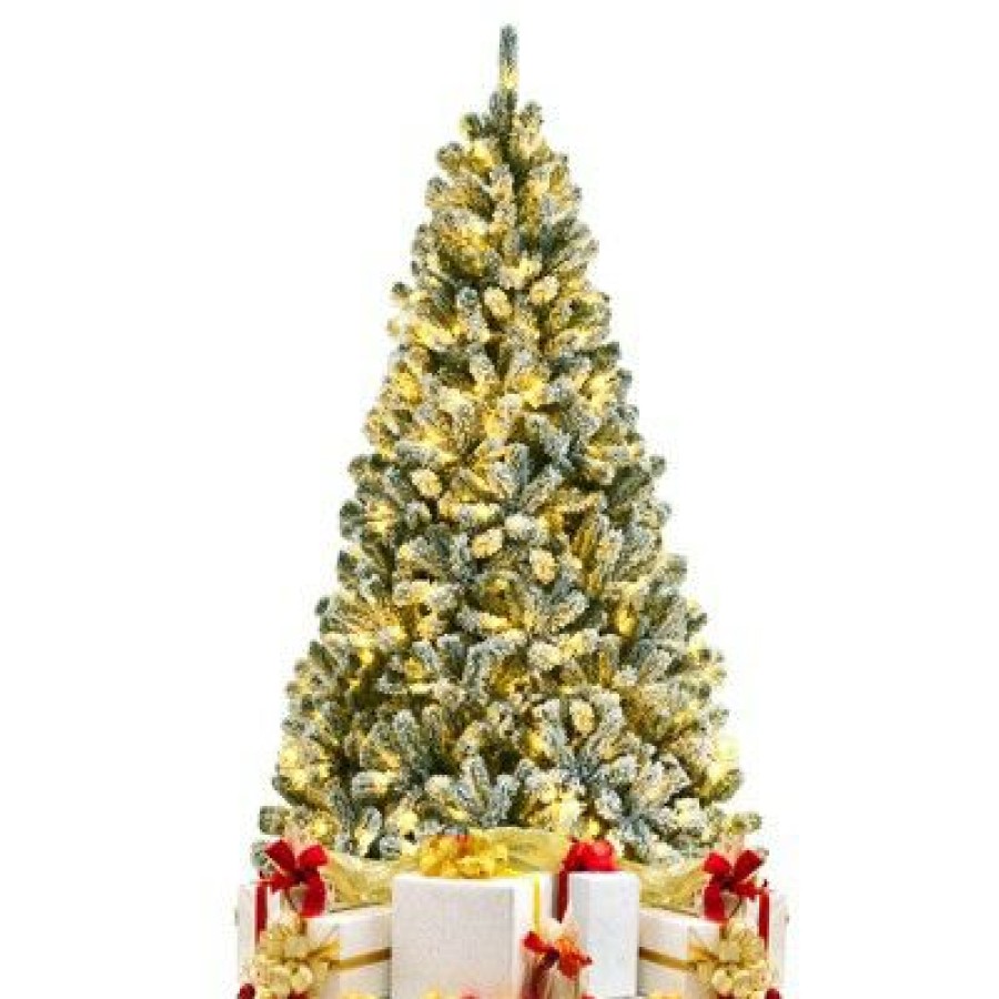 Pine * | Tangkula 6Ft Snow Flocked Artificial Christmas Hinged Tree Pre-Lit Artificial Xmas Full Tree With 928 Branch Tips