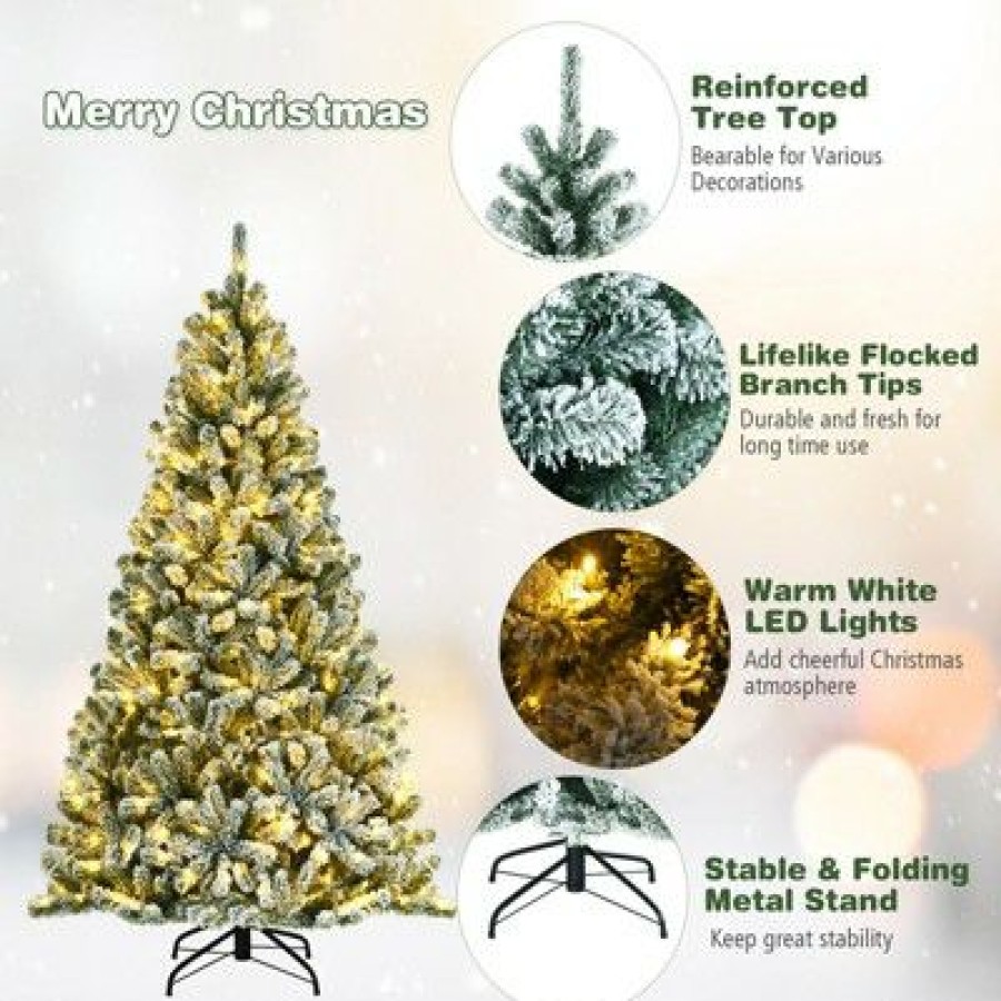 Pine * | Tangkula 6Ft Snow Flocked Artificial Christmas Hinged Tree Pre-Lit Artificial Xmas Full Tree With 928 Branch Tips