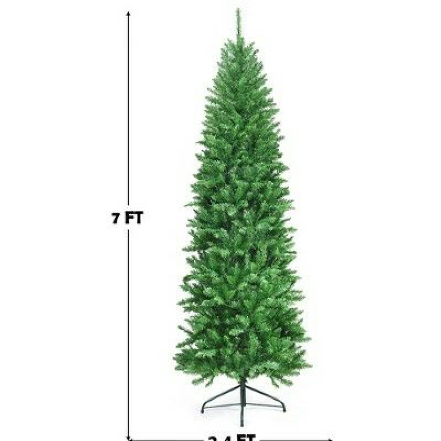 Pine * | Costway 7Ft Pre-Lit Artificial Pencil Christmas Tree Hinged Fir Pvc Tree /350 Led Lights