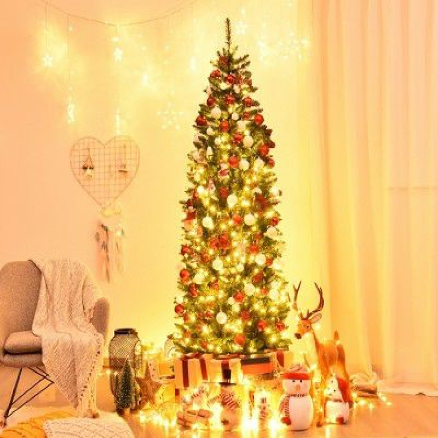 Pine * | Costway 7Ft Pre-Lit Artificial Pencil Christmas Tree Hinged Fir Pvc Tree /350 Led Lights