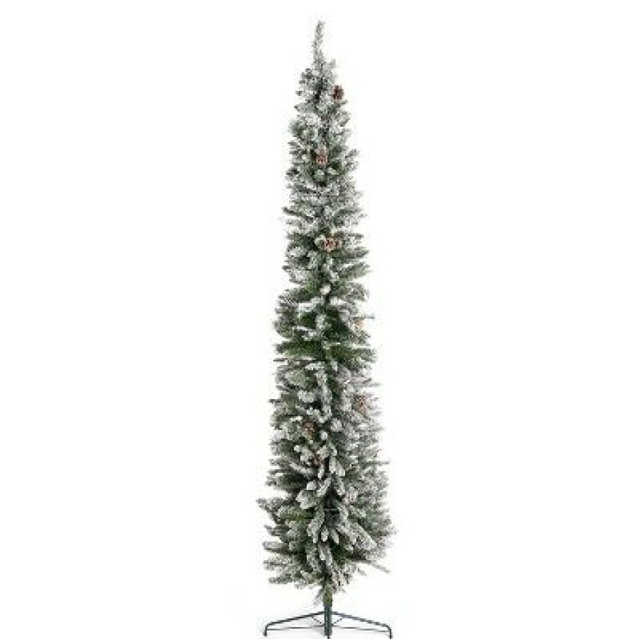 Pine * | Home Heritage 9 Foot Lowell Snow Flocked Pencil Pine Prelit Decorative Artificial Christmas Tree With Pinecones, Clear White Lights, And Metal Stand