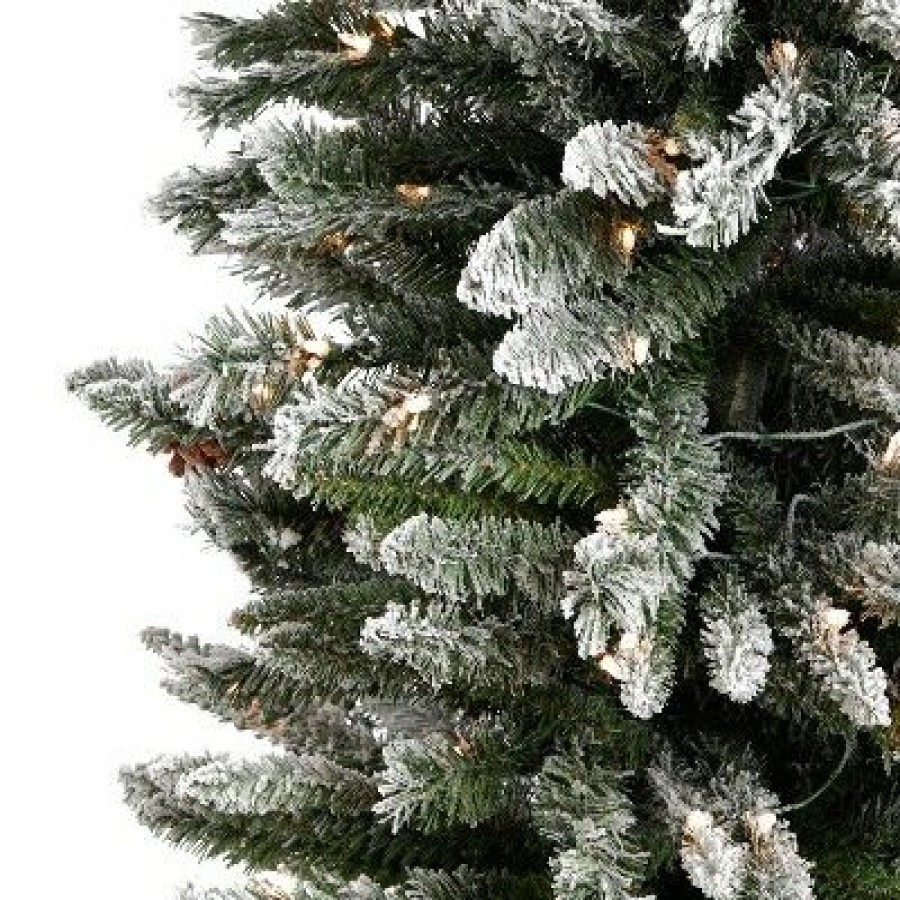 Pine * | Home Heritage 9 Foot Lowell Snow Flocked Pencil Pine Prelit Decorative Artificial Christmas Tree With Pinecones, Clear White Lights, And Metal Stand