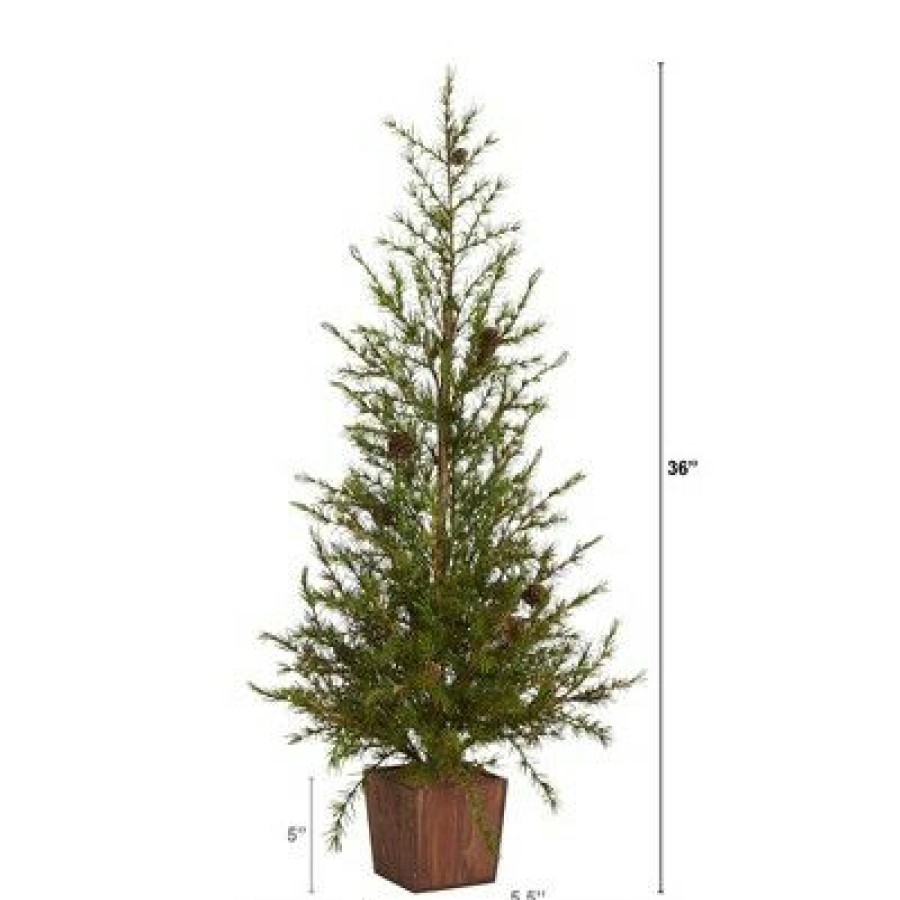 Pine * | 3Ft Nearly Natural Unlit Alpine With Pinecones Artificial Christmas Tree In Wood Planter