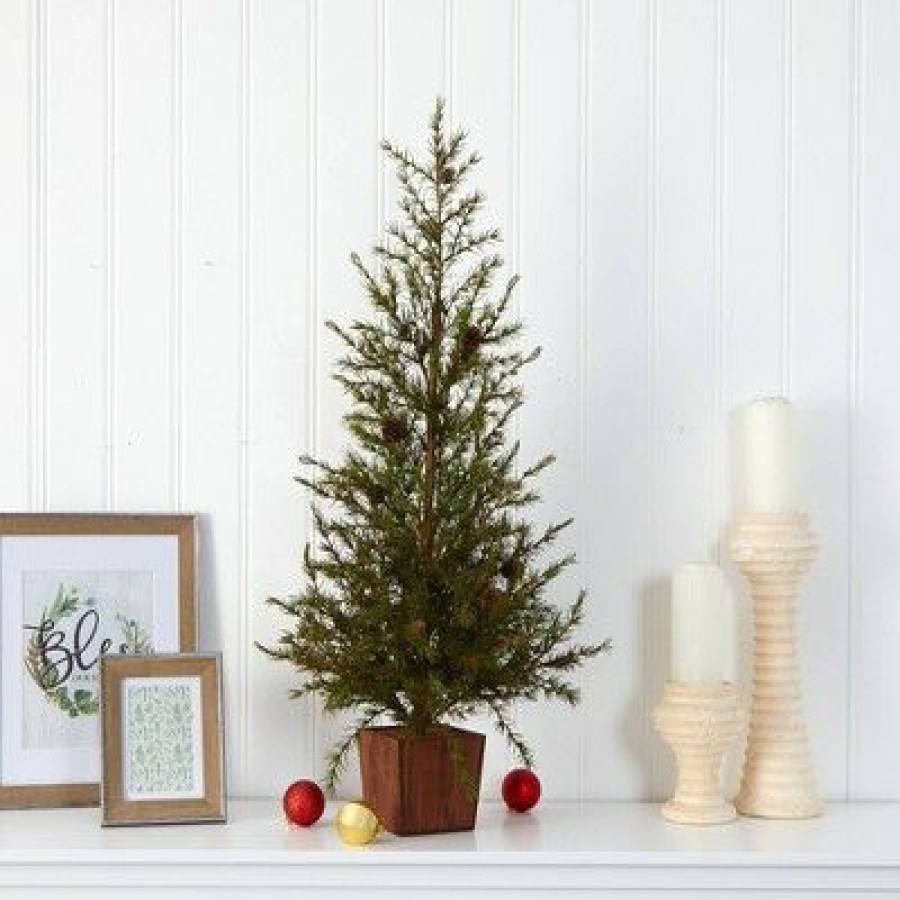 Pine * | 3Ft Nearly Natural Unlit Alpine With Pinecones Artificial Christmas Tree In Wood Planter