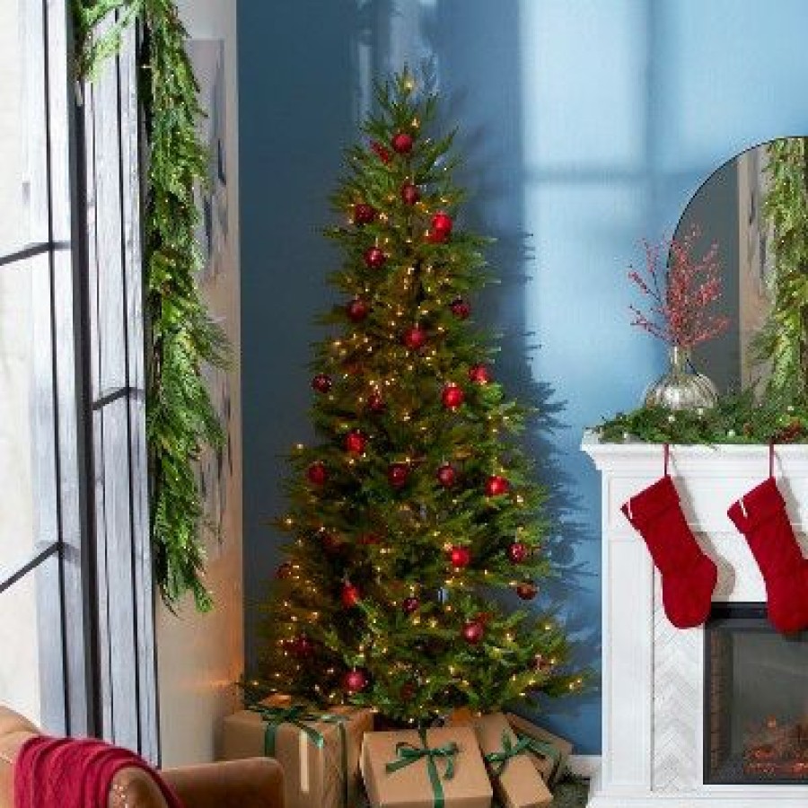 Pine * | National Tree Company Feel Real Montgomery 7-Foot Clear Prelit Flat Back Half Christmas Tree With 350 White Lights & Metal Base, Hinged Easy Assembly