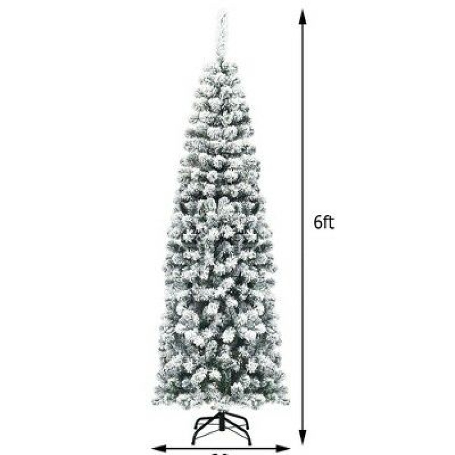 Pine * | Costway 6Ft Unlit Hinged Snow Flocked Artificial Pencil Christmas Tree W/ 500 Branch Tip