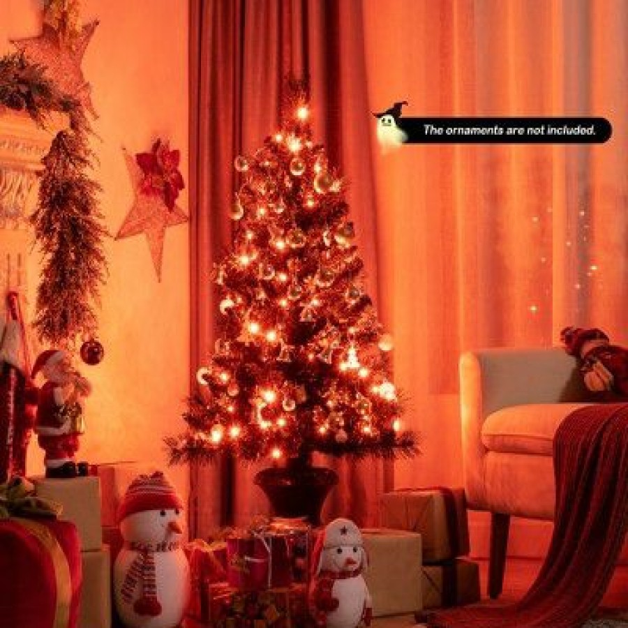 Pine * | Costway Set Of 2 Pre-Lit Black Christmas Entrances Tree 4Ft Potted Xmas W/ 100 Led Lights