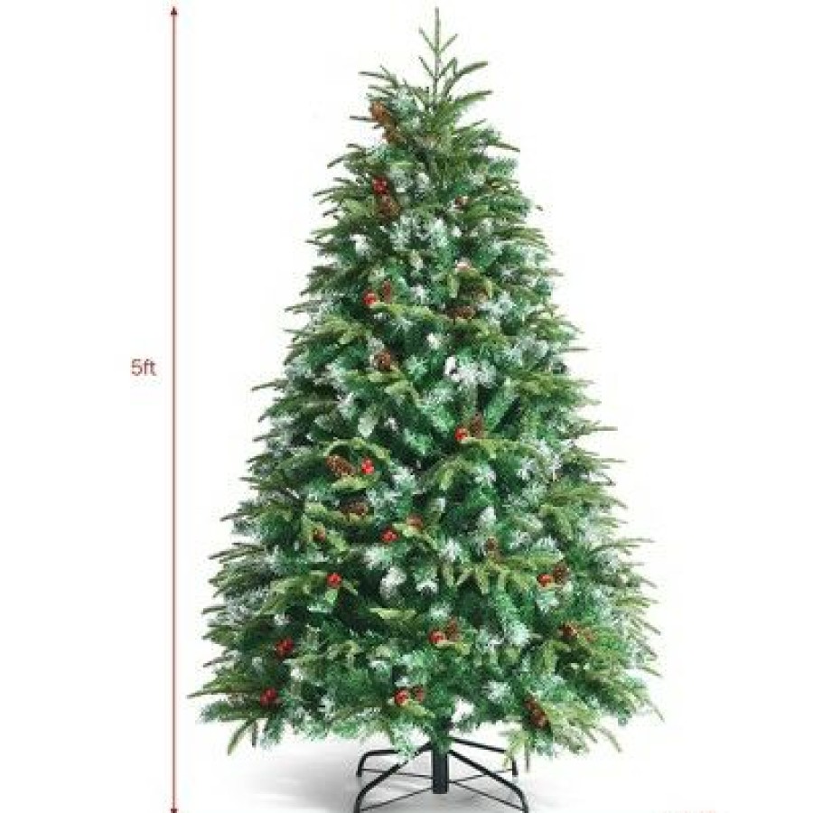 Pine * | Costway 5Ft Pre-Lit Snowy Christmas Hinged Tree 11 Flash Modes W/ 250 Multi-Color Lights