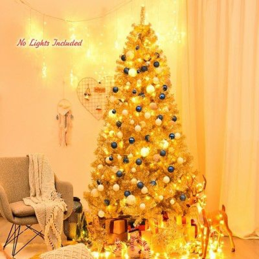 Pine * | Costway 7.5Ft Artificial Tinsel Christmas Tree W/1258 Tips Foldable Stand Champagne Gold