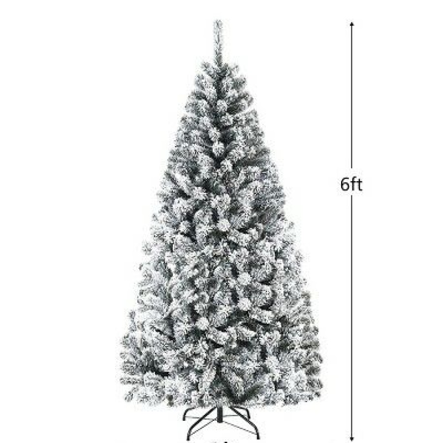 Pine * | Costway 6Ft Snow Flocked Hinged Artificial Christmas Tree Unlit Metal