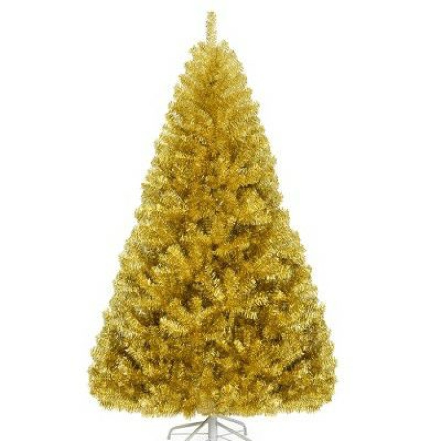 Pine * | Costway 6Ft Artificial Tinsel Christmas Tree Hinged W/1036 Tips Foldable Stand Champagne