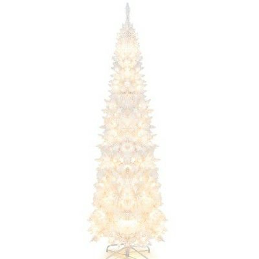 Pine * | Costway 7Ft Pre-Lit Hinged Pencil Christmas Tree White W/ 300 Led Lights & 8 Flash Modes