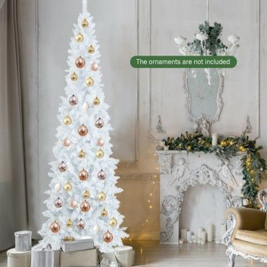 Pine * | Costway 7Ft Pre-Lit Hinged Pencil Christmas Tree White W/ 300 Led Lights & 8 Flash Modes