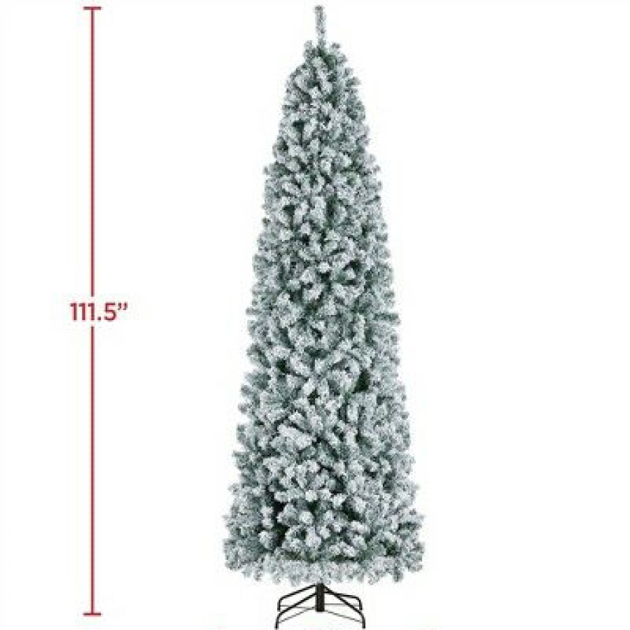 Spruce * | Yaheetech Prelit Flocked Pencil Artificial Christmas Tree Holiday Decoration Hinged Spruce, Green