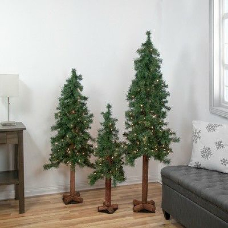 Pine * | Northlight 3Ct Prelit Artificial Christmas Trees Woodland Alpine 5 Clear Lights