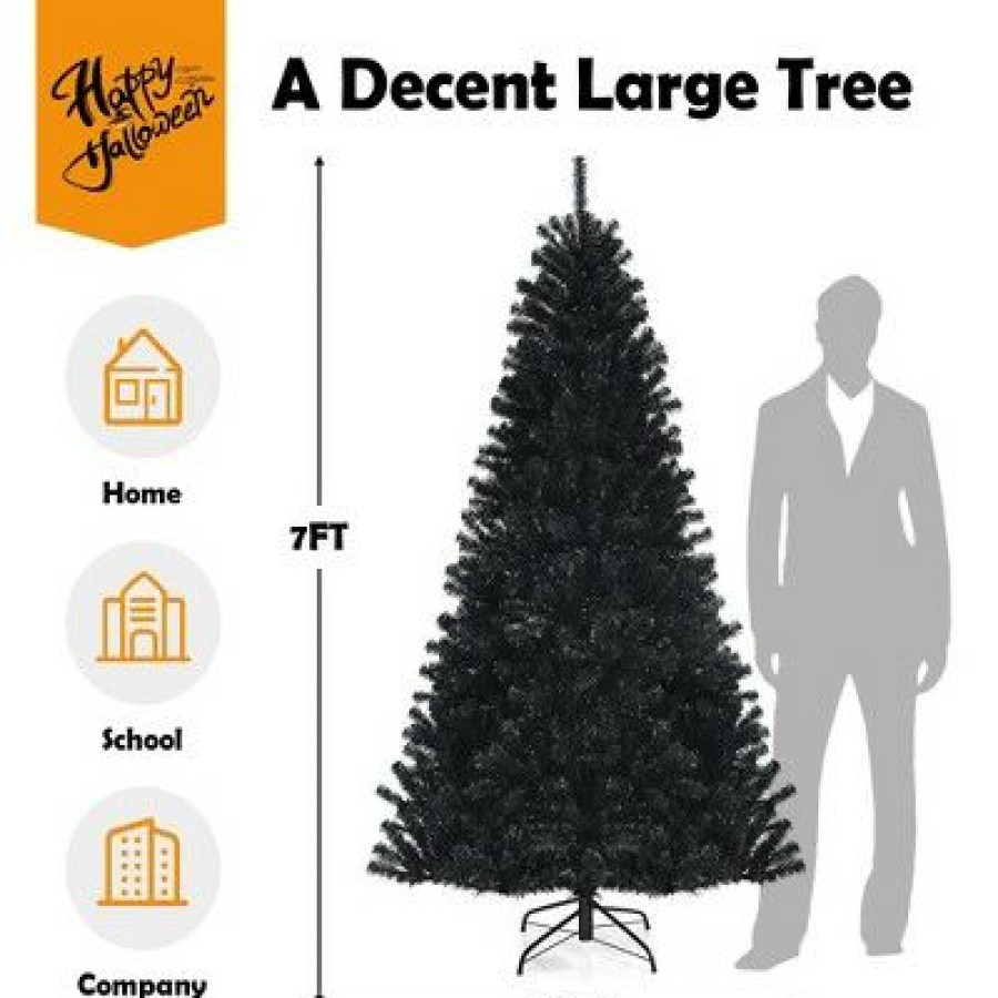 Pine * | Costway 7Ft Pre-Lit Pvc Christmas Halloween Tree Black W/ 500 Purple Led Lights