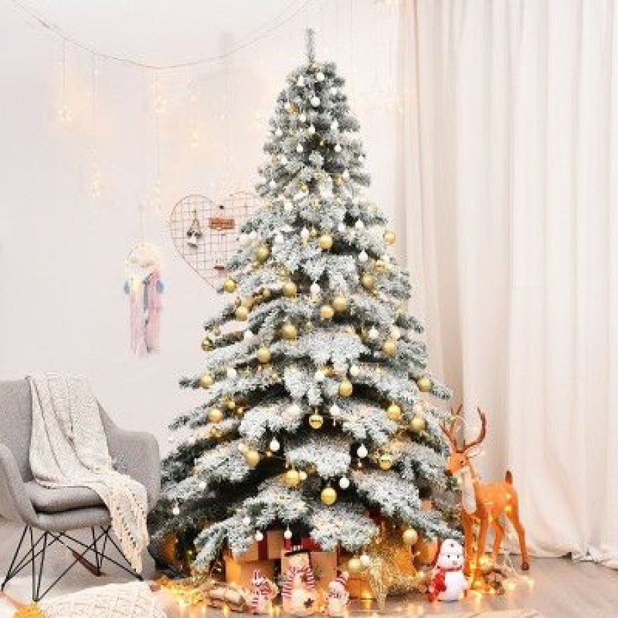 Pine * | Tangkula Snow Flocked Artificial Christmas Tree Hinged Alaskan Pine Decoration Tree